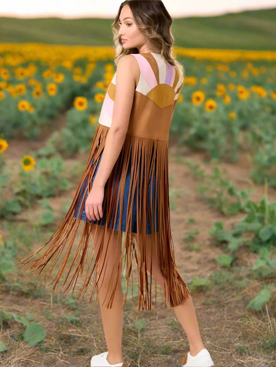 Sunset Horizon Color Patch Fringe Vest – Faux Suede Western Style