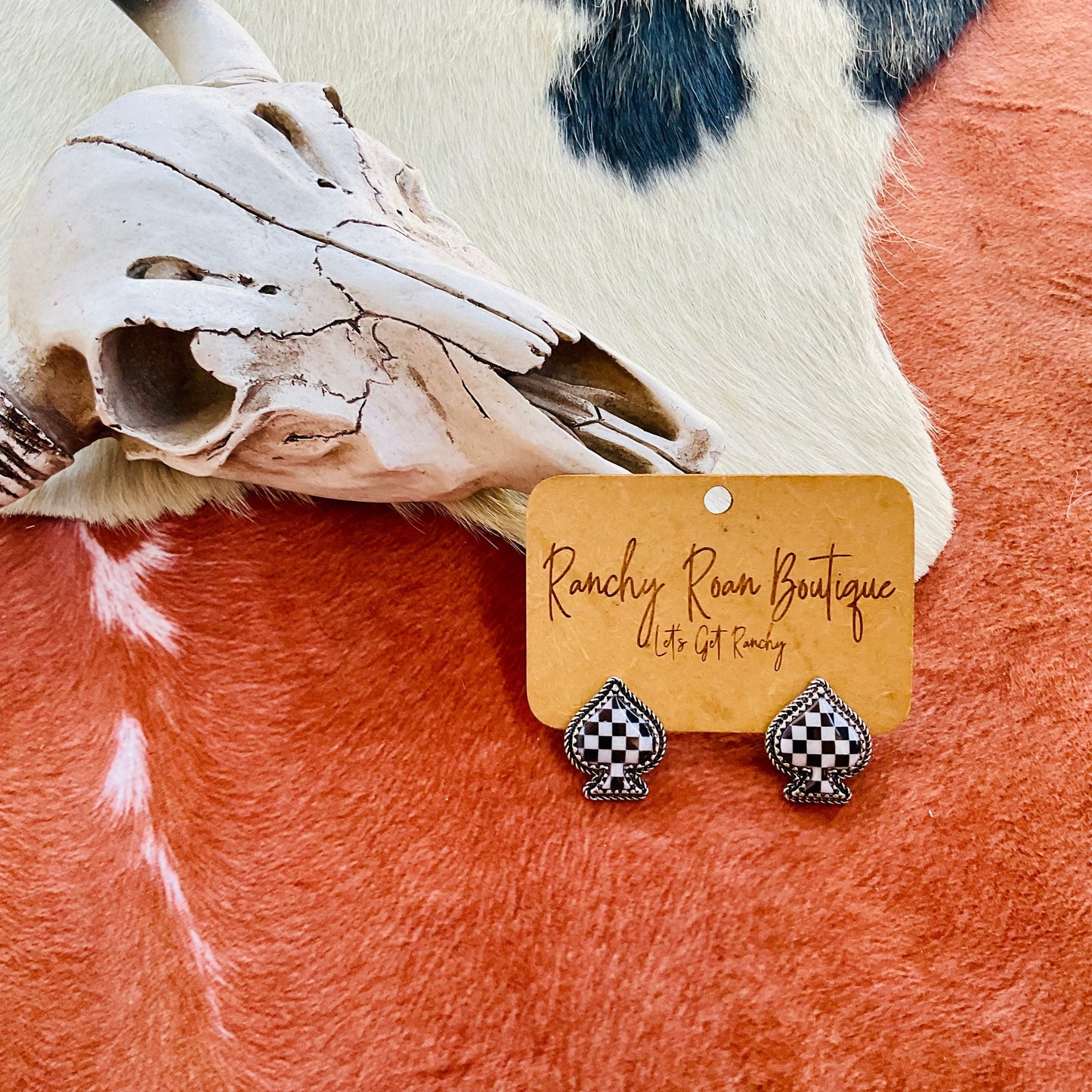 Western Checker Spade Stud Earrings – Bold Statement Jewelry