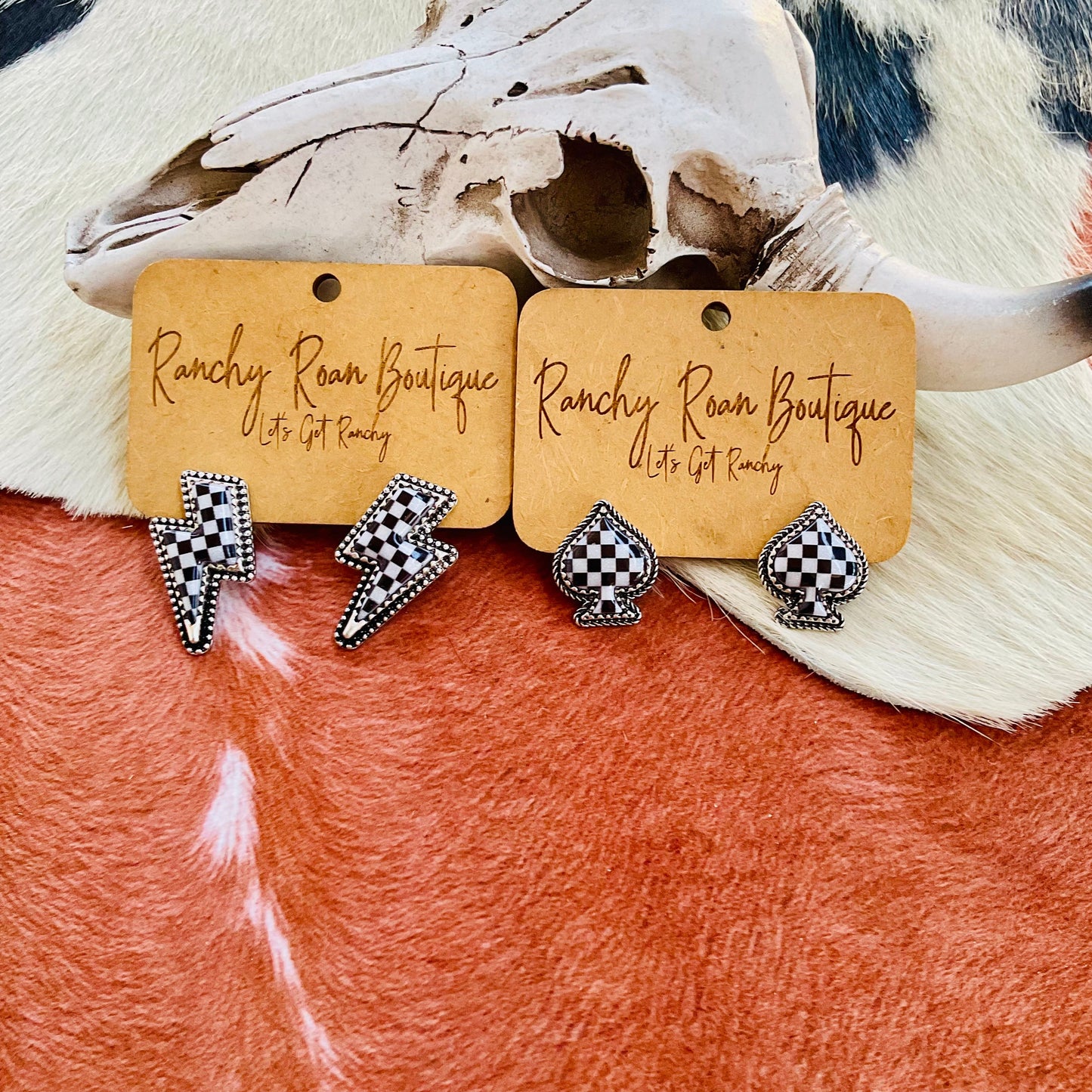 Western Checker Spade Stud Earrings – Bold Statement Jewelry
