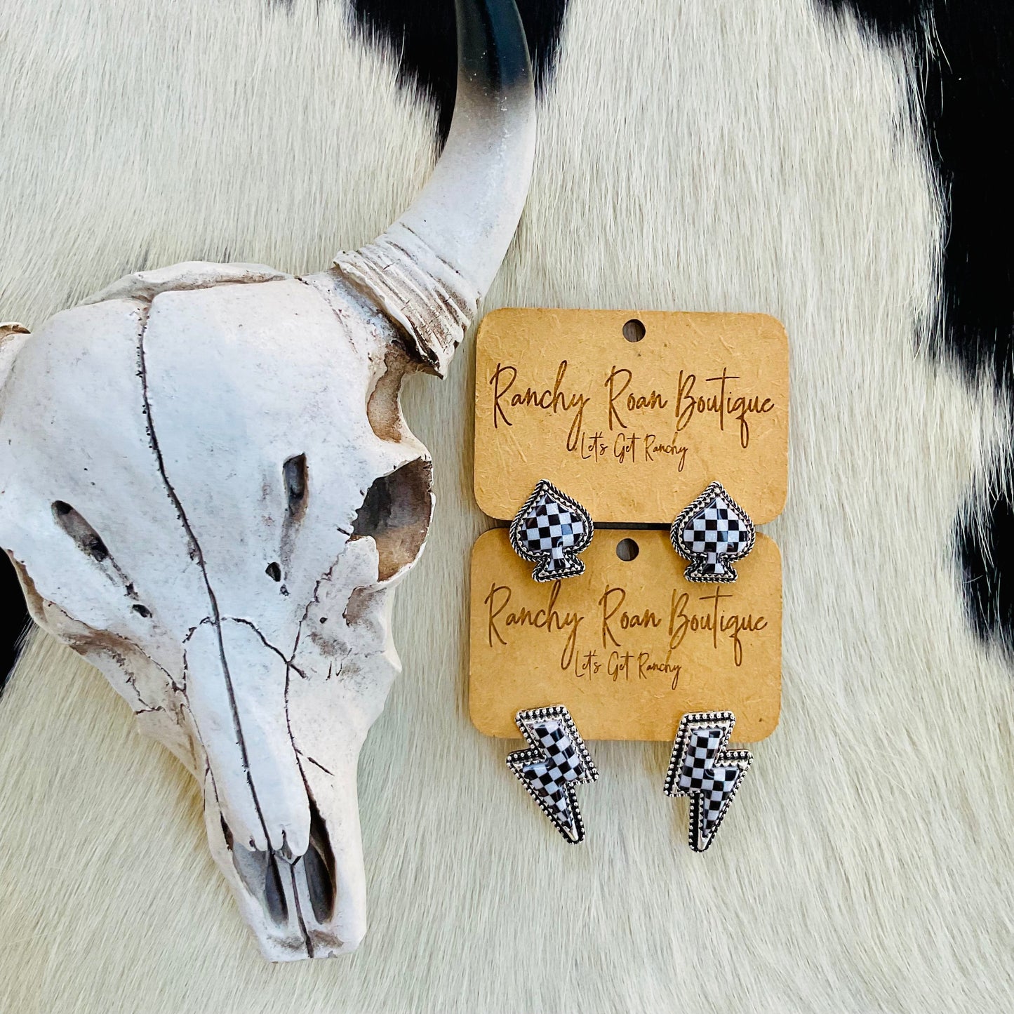 Western Checker Spade Stud Earrings – Bold Statement Jewelry