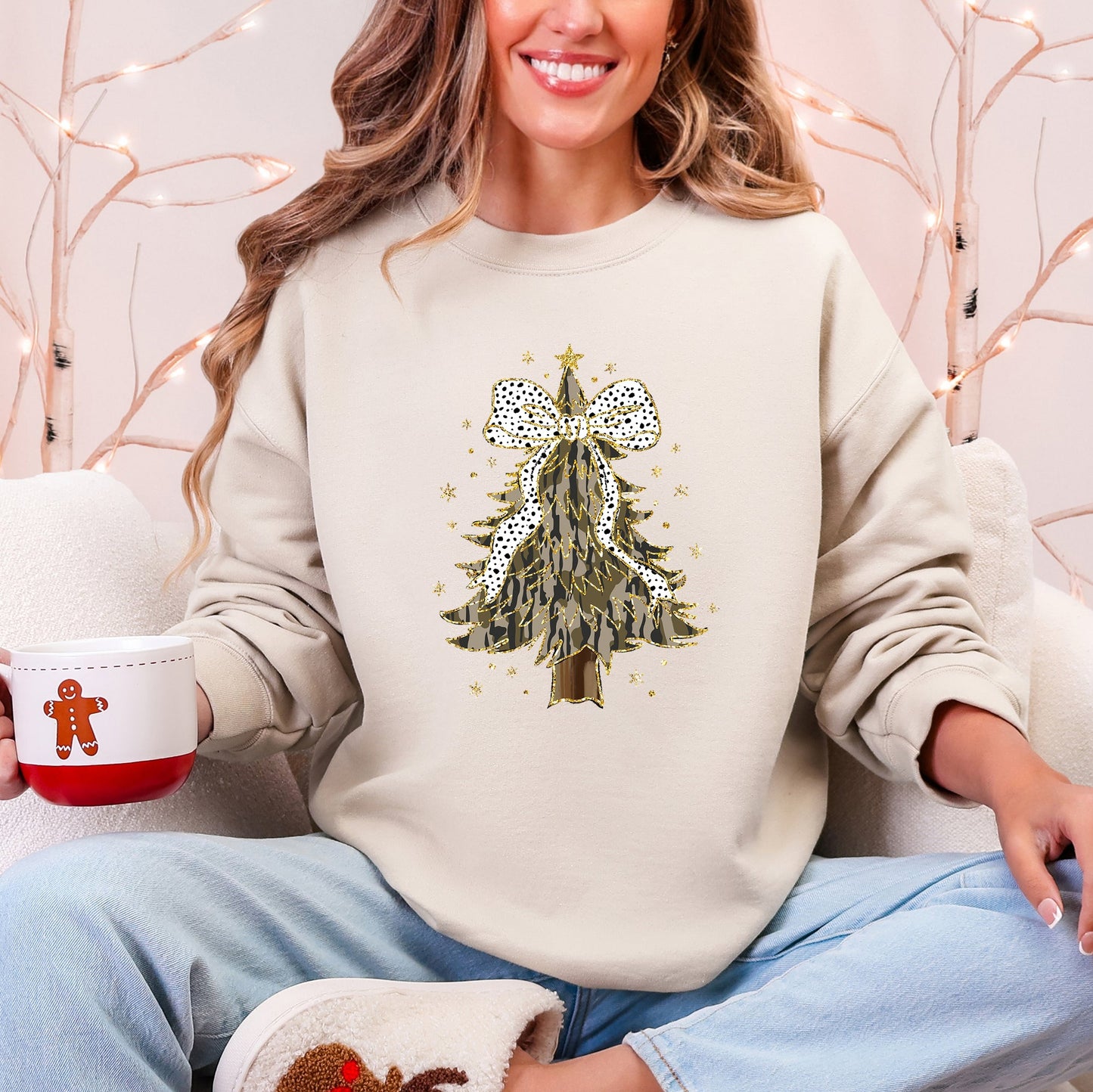 Christmas Camo Tree, Ribbon, Bows, Santa Sweatshirt