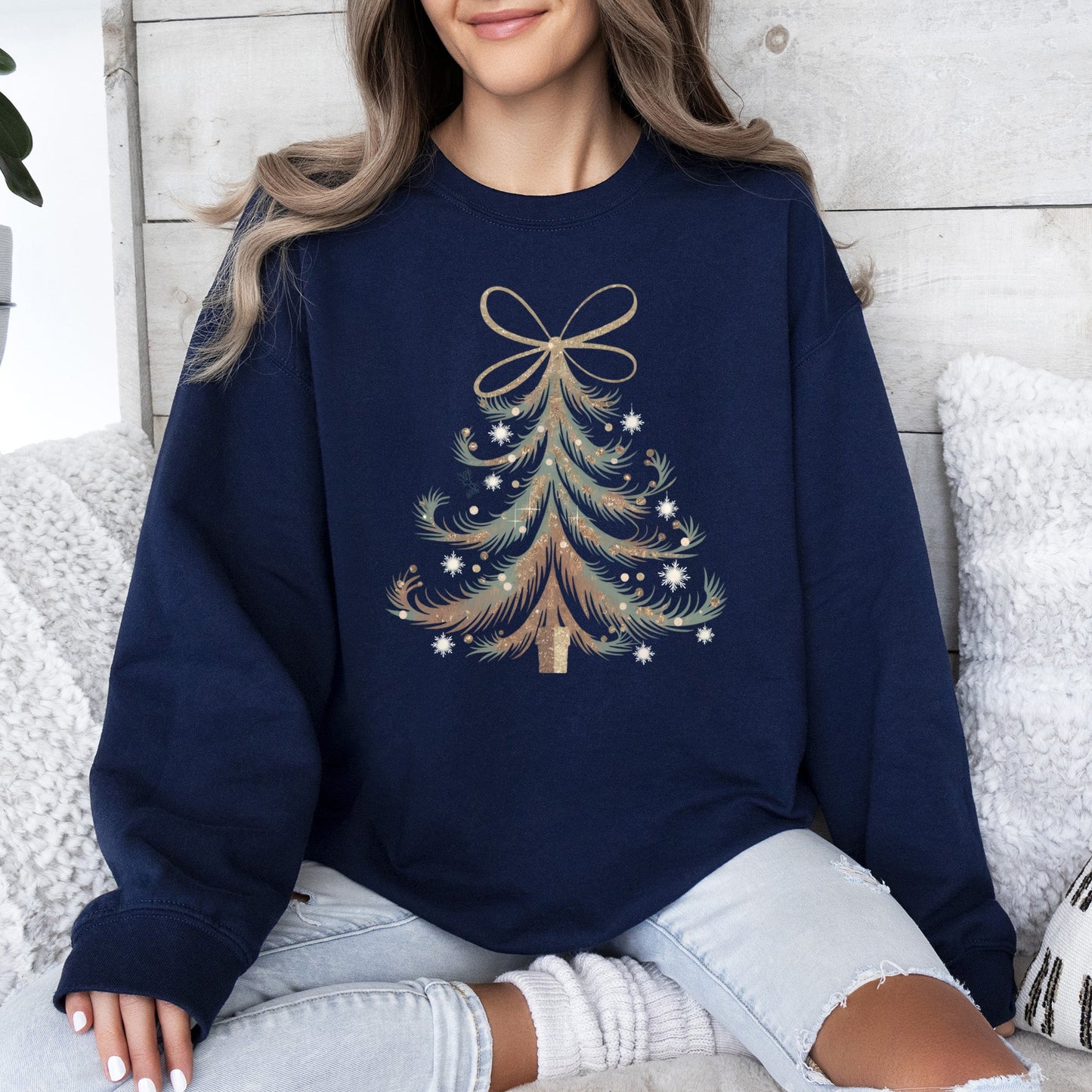 Christmas Tree, Vintage Elegant, Ribbon, Bows, Santa Sweatshirt