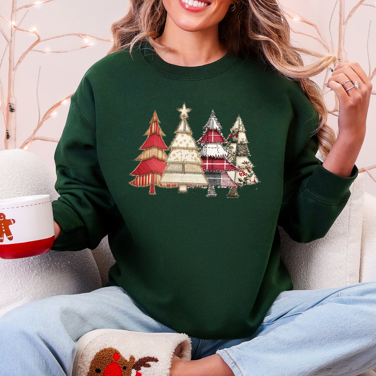 Christmas Trees, Faux Quilt, Santa, Traditional Sweatshirt