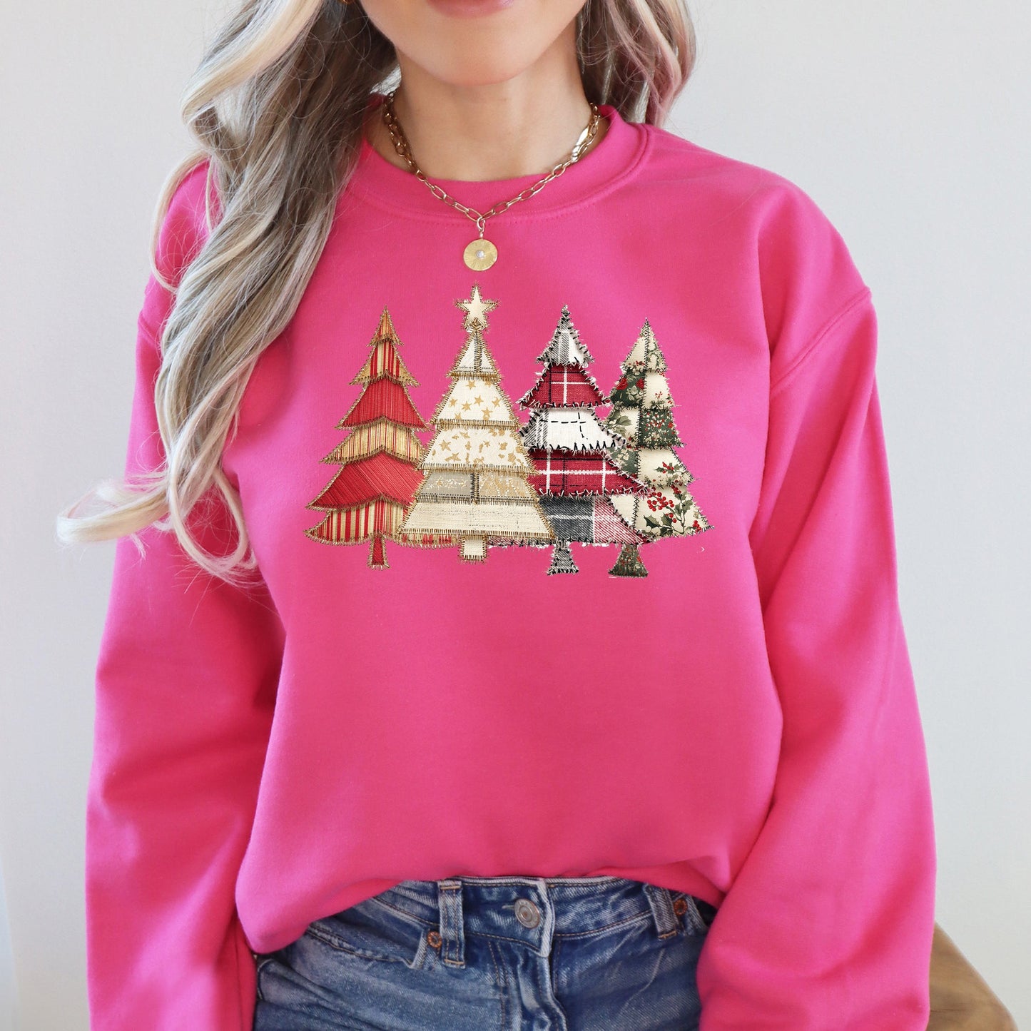 Christmas Trees, Faux Quilt, Santa, Traditional Sweatshirt