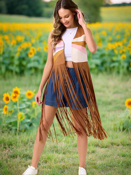 Sunset Horizon Color Patch Fringe Vest – Faux Suede Western Style