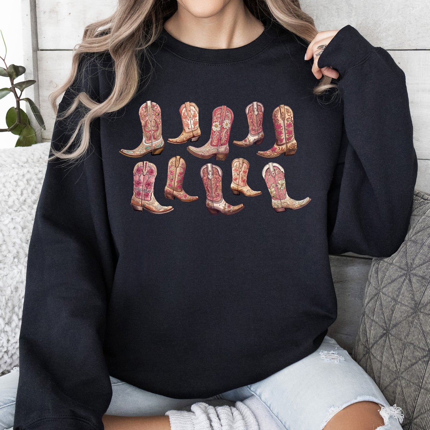 Colorful Pink Cowboy Boots, Western, Cowgirl, Sweatshirt