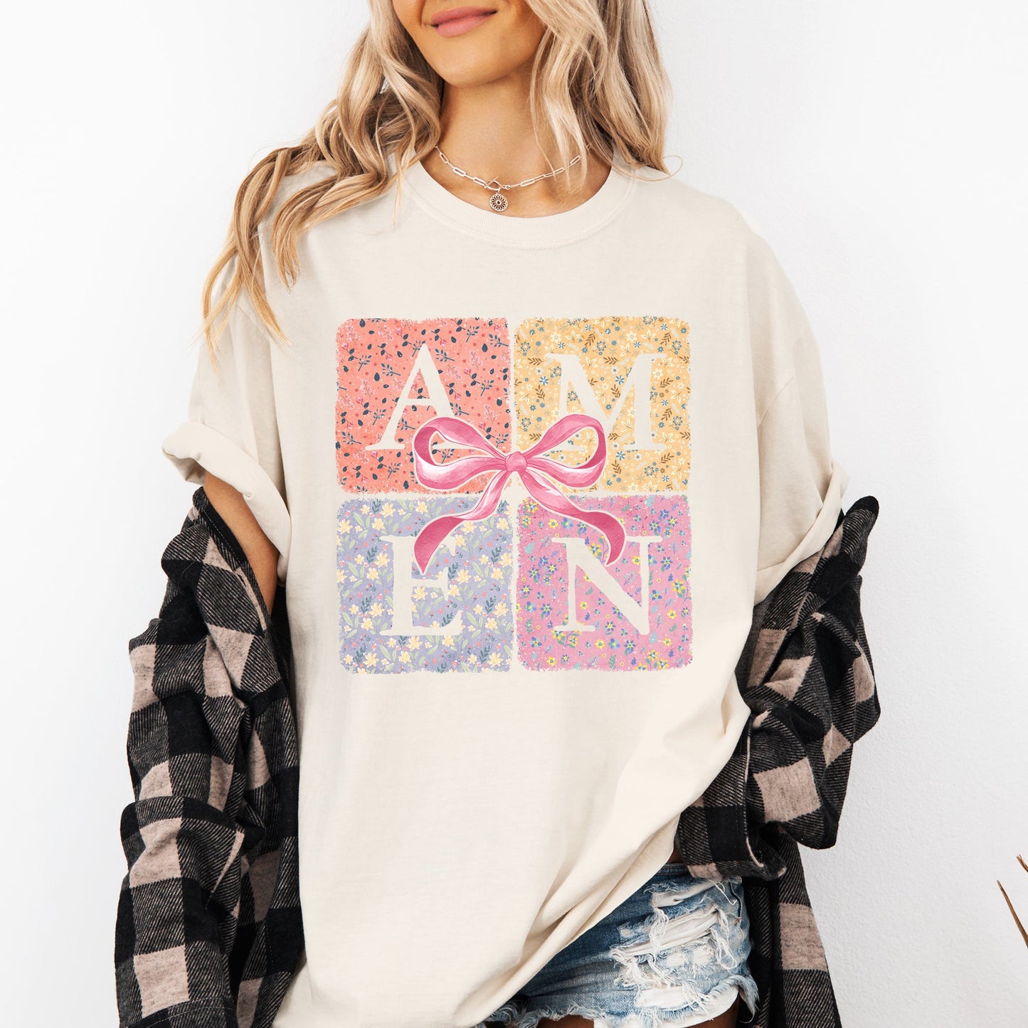 Colorful, Floral, Amen, Ribbon, Coquette, Christian, Jesus, Gospel, Faith, Saved Tshirt Comfort Colors T-Shirt
