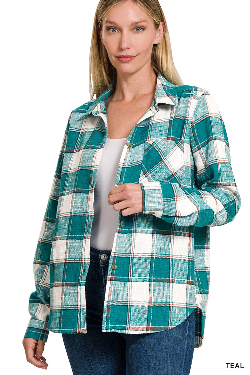 Zenana Cotton Plaid Shirt with Front Pocket | Women’s Long Sleeve Button-Up
