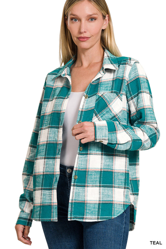 Zenana Cotton Plaid Shirt with Front Pocket | Women’s Long Sleeve Button-Up