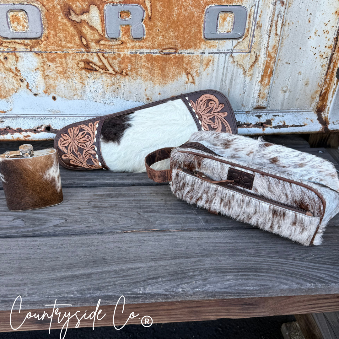 Carry Case, Flask and Cowhide Toiletry Bag BUNDLE