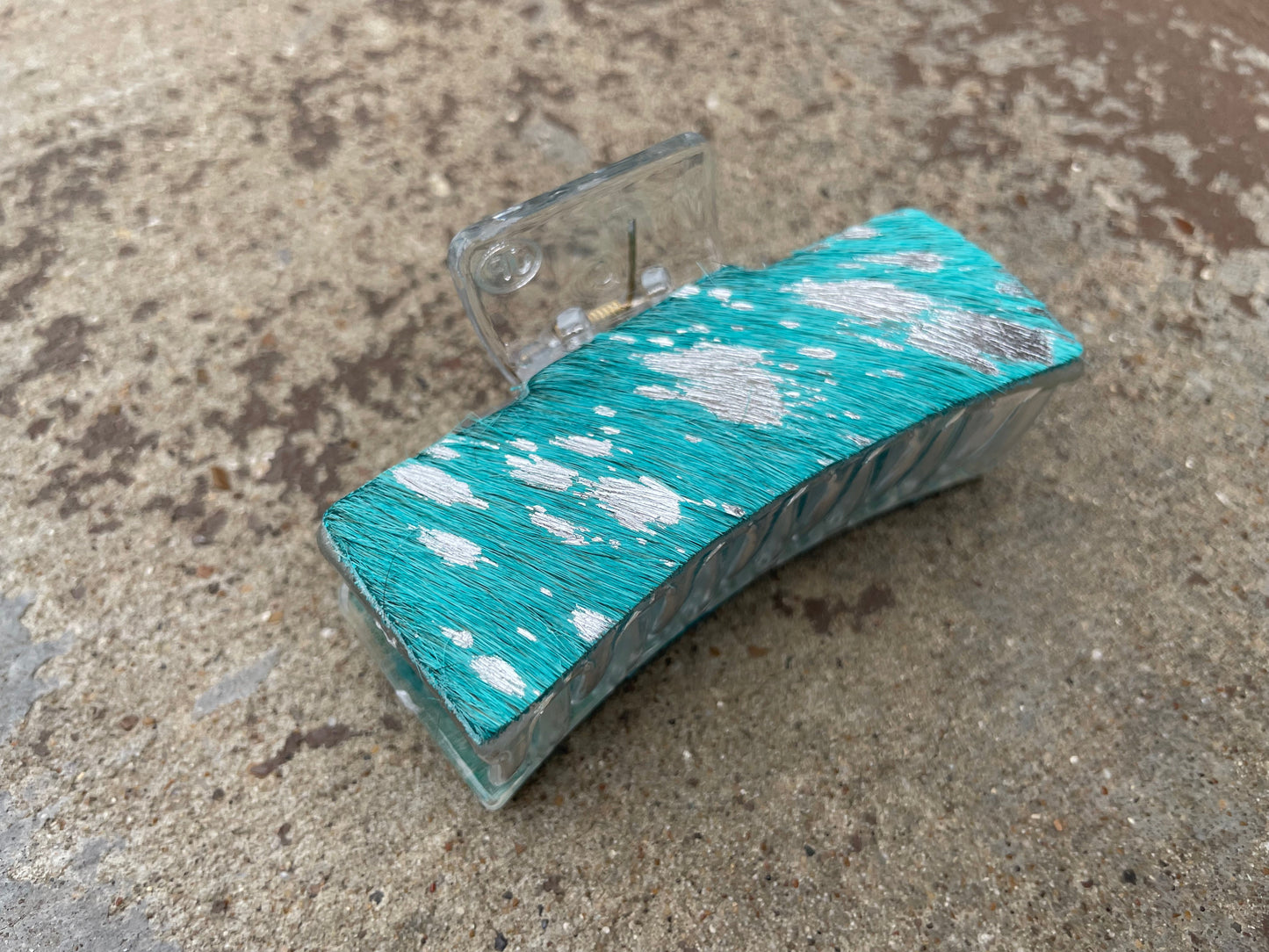Clear Turquoise Cowhide Silver Acid Wash Tooled Leather  Hair Claw Clips 3”