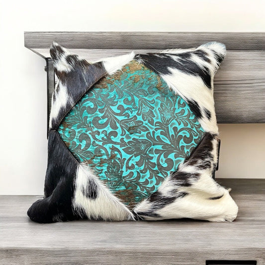 Turquoise tooled leather, cowhide pillow 16”