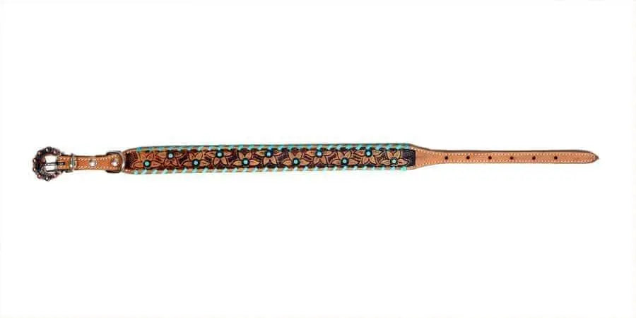 Genuine leather dog collar with teal rawhide