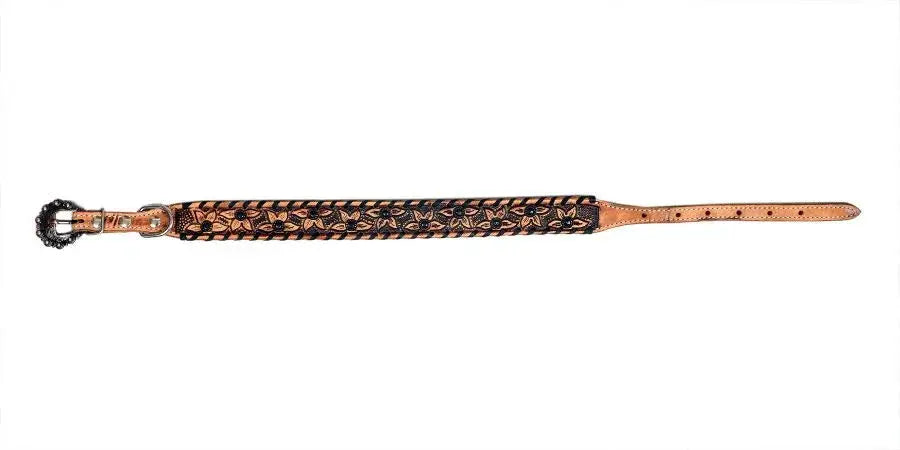 Genuine leather dog collar with black rawhide.