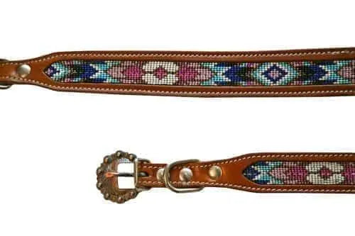Leather dog collar features a medium leather with turquoise, pink and purple beaded inlay