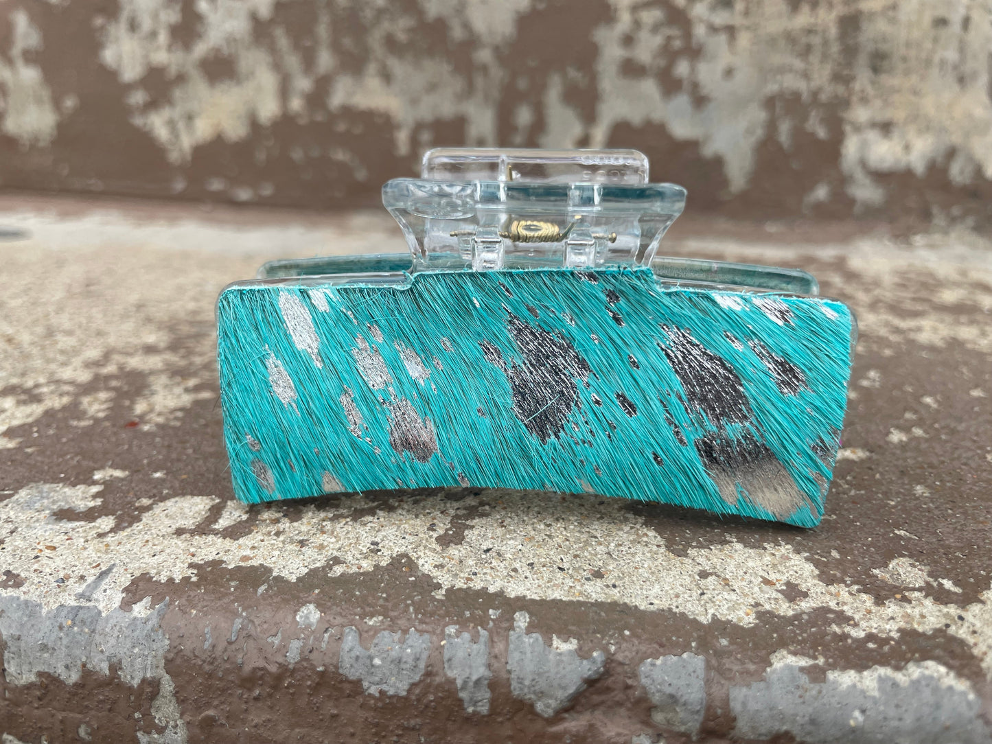 Clear Turquoise Cowhide Silver Acid Wash Tooled Leather  Hair Claw Clips 3”