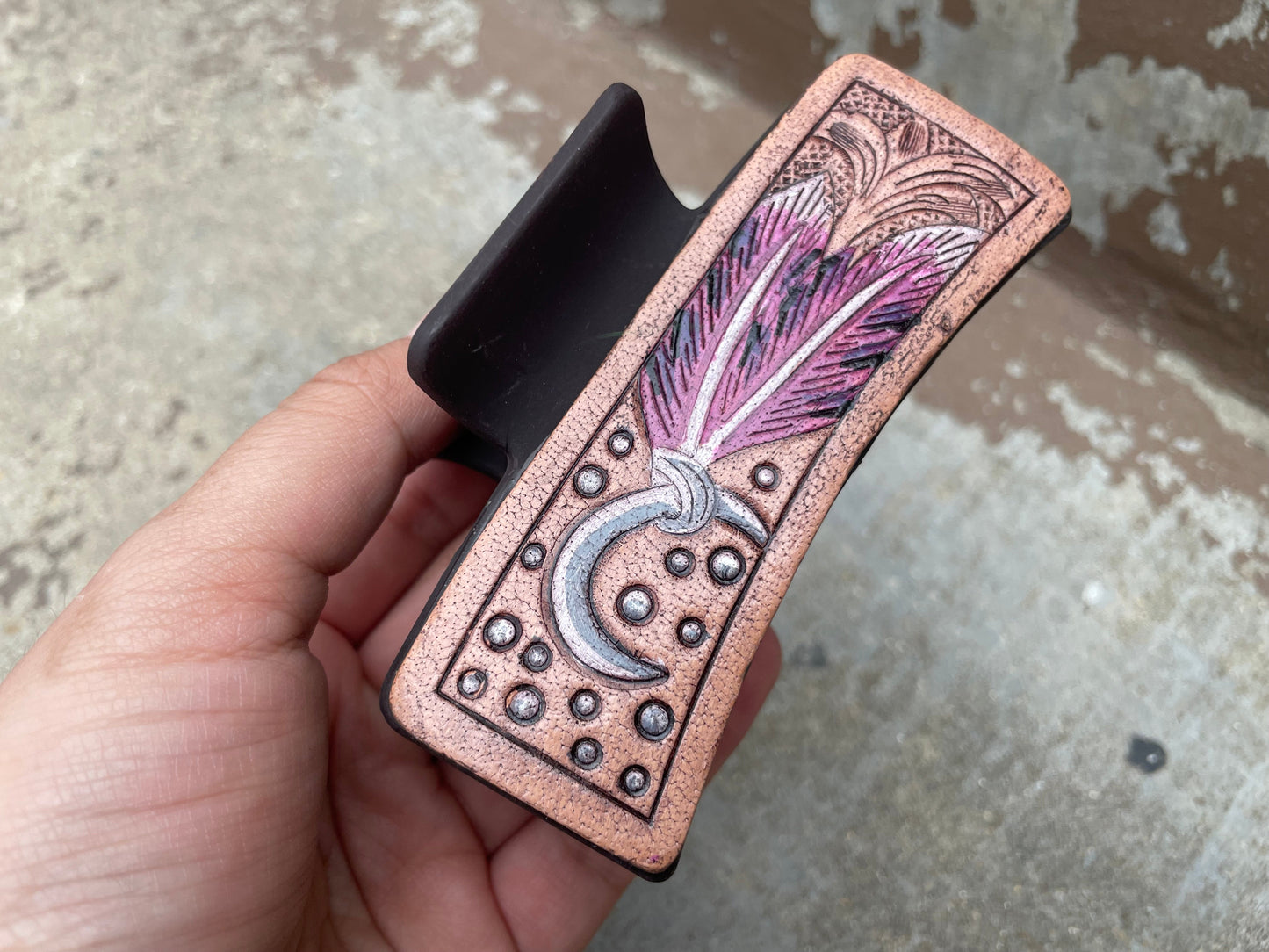Pink Feathers Tooled Leather  Hair Claw Clips 4”