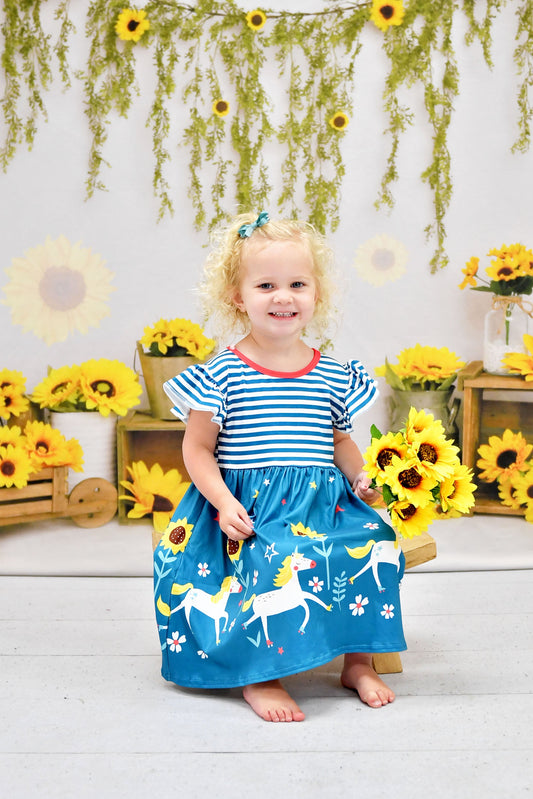 Sunflowers and Unicorns Milk Silk Long Flutter Dress