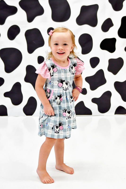 Plaid Cow Long Flutter Pocket Milk Silk Dress