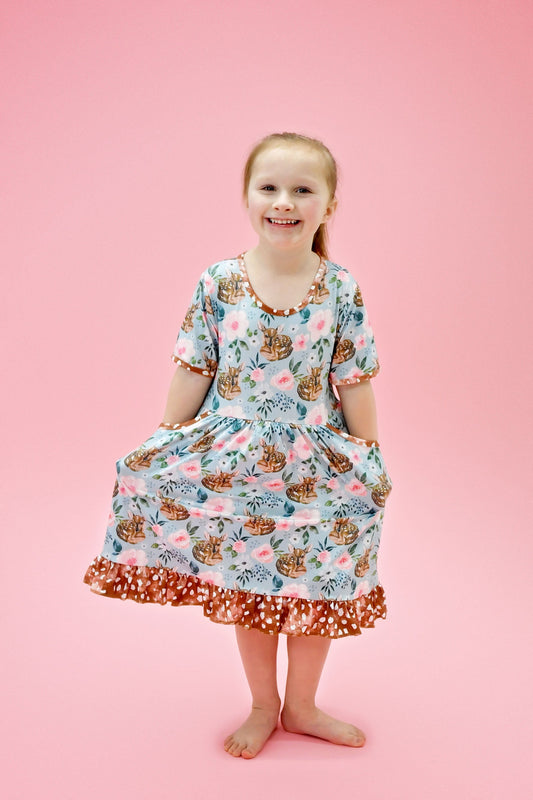 Spring Deer Short Sleeve Pocket Ruffle Milk Silk Dress