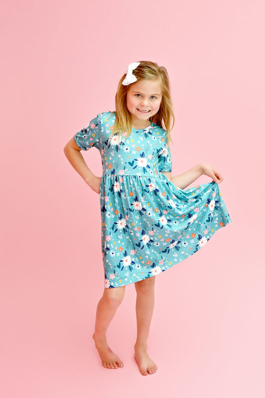 Teal Floral Short Sleeve Milk Silk Dress