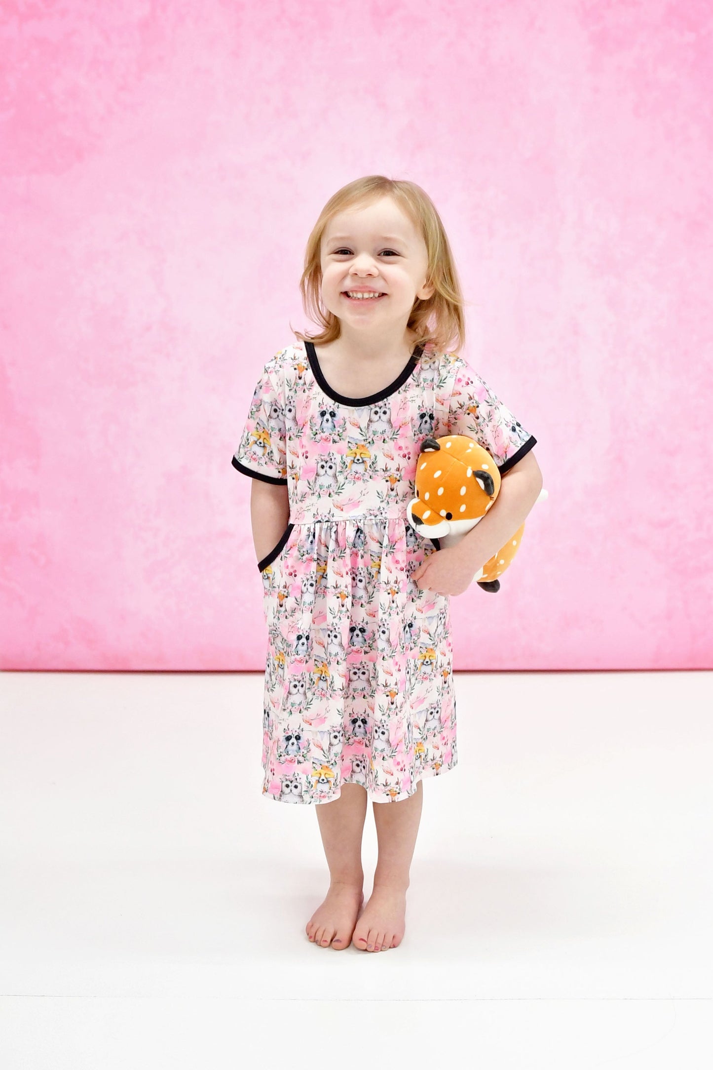 Spring Animals Short Sleeve Pocket Milk Silk Dress
