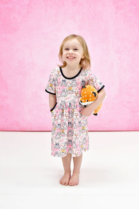Spring Animals Short Sleeve Pocket Milk Silk Dress