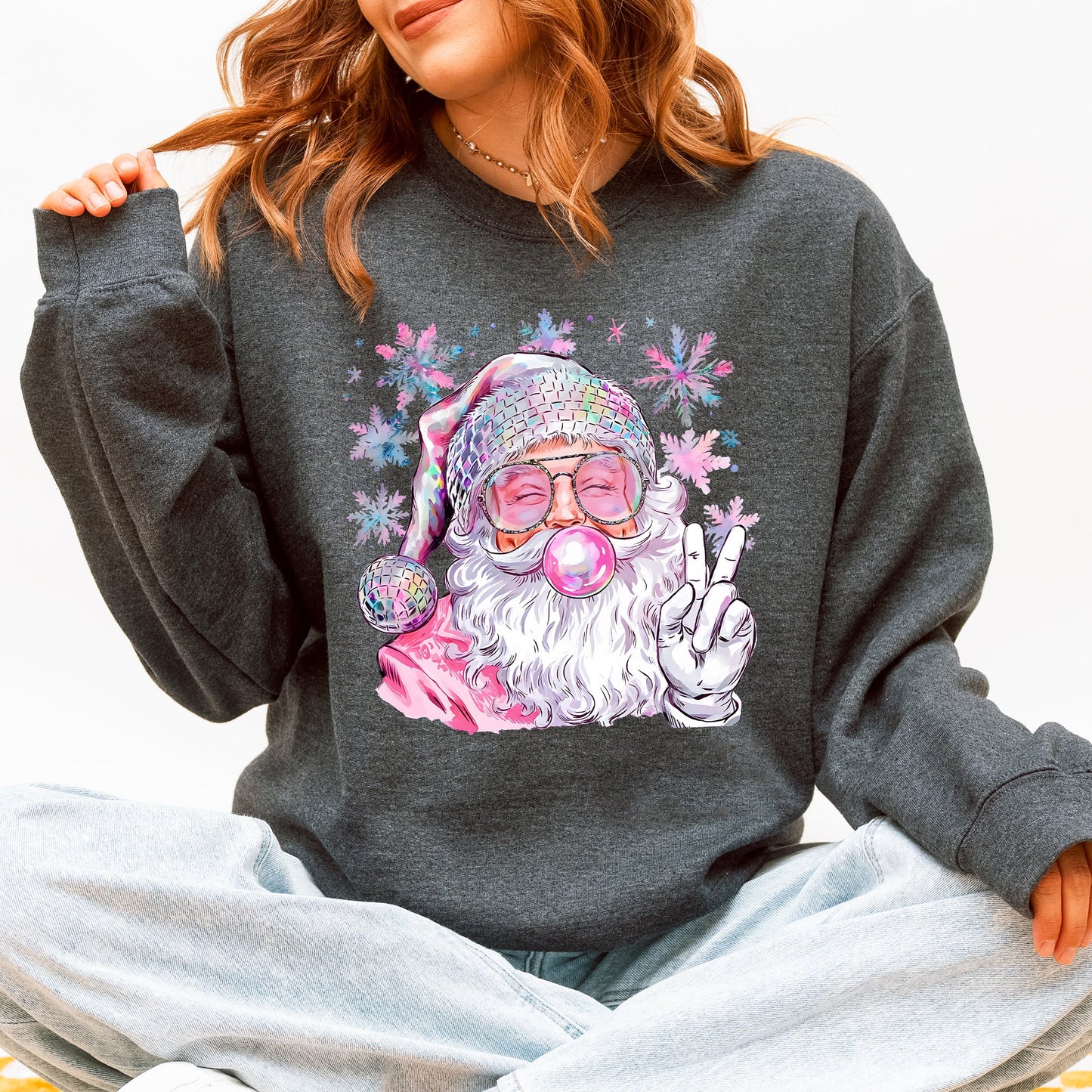 Disco Santa, Bubble Gum, Christmas, Pink, Snowflakes, Cute Sweatshirt