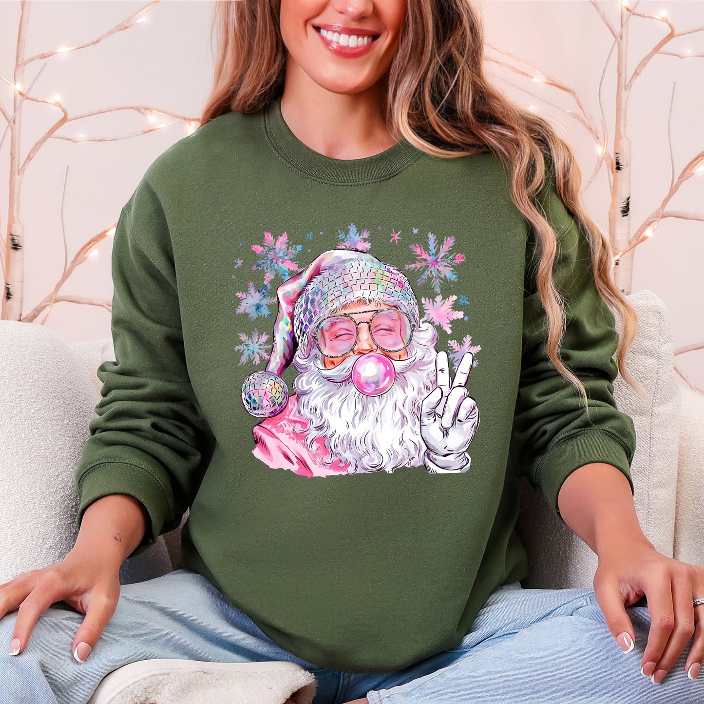 Disco Santa, Bubble Gum, Christmas, Pink, Snowflakes, Cute Sweatshirt