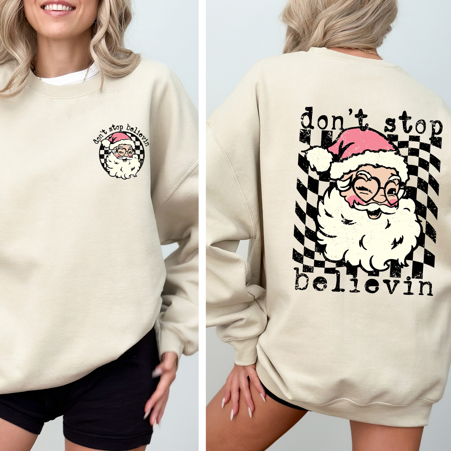 Don't Stop Believin, Santa, Christmas, Checkered, Vintage, Cute, Front and Back Sweatshirt