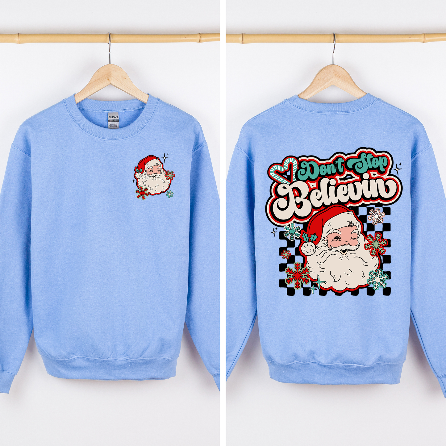Don't Stop Believin, Santa, Retro, Checkered, Christmas, Front and Back Sweatshirt