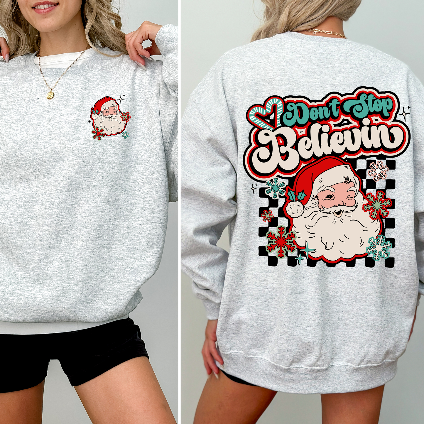 Don't Stop Believin, Santa, Retro, Checkered, Christmas, Front and Back Sweatshirt