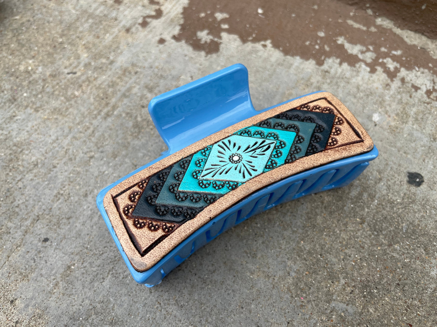 Aztec Blue Tooled Leather Hair Claw Clips 4”