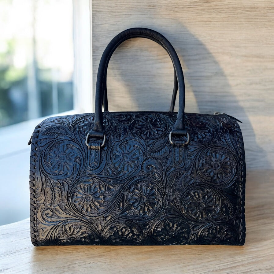 Black floral tooled leather speedy duffle bag