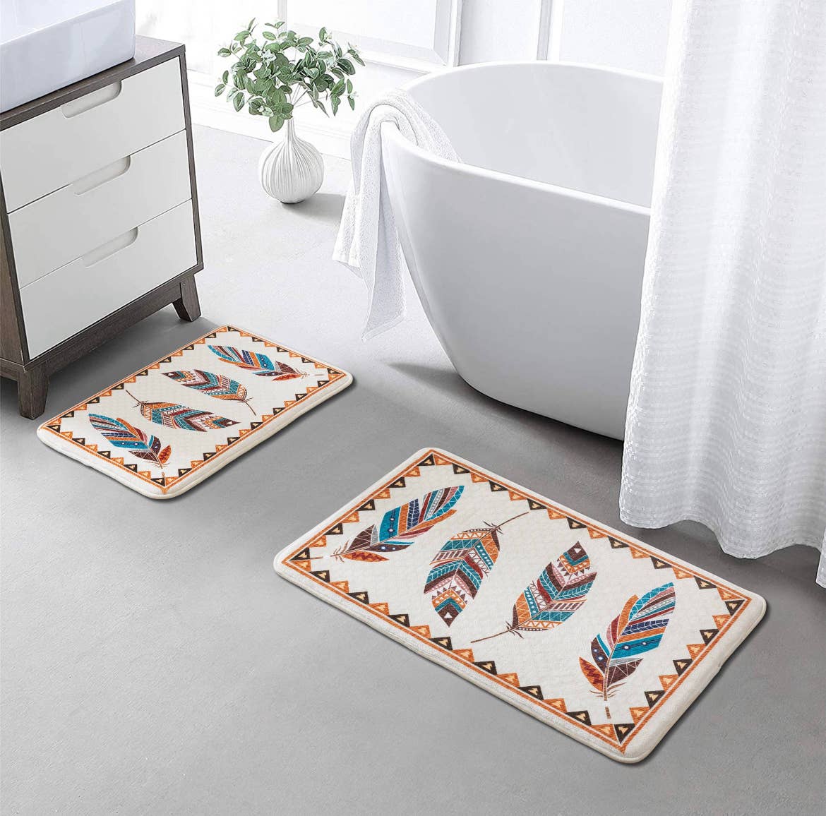Feathers Western 2-Piece Memory Foam Rug Set | Boho Rustic Mat Set for Kitchen or Bath