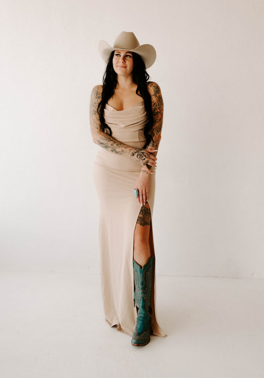 Maddie's Sequin Bust Draped Maxi Dress