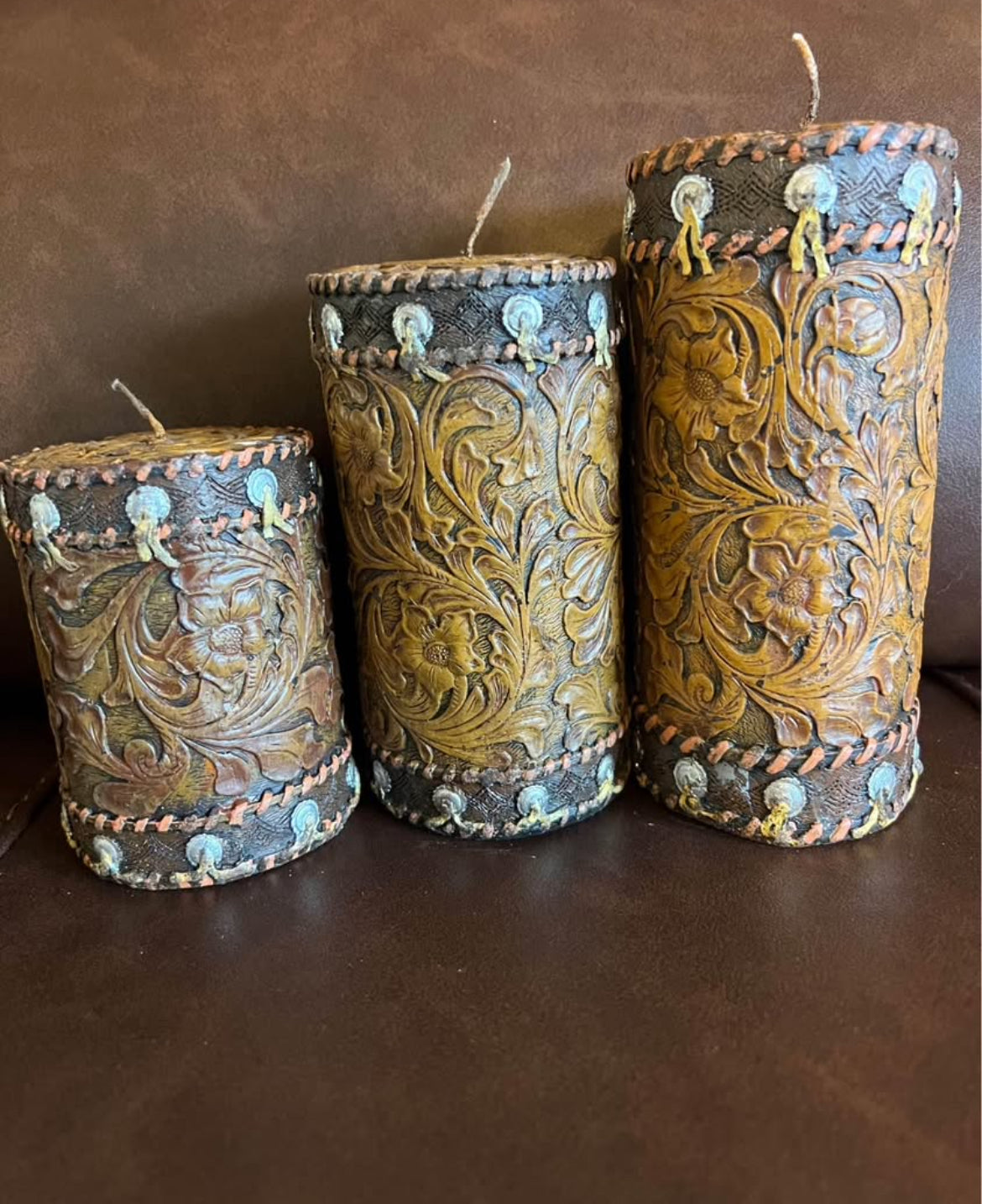 Tooled Leather looking Candles (Set of 3 )