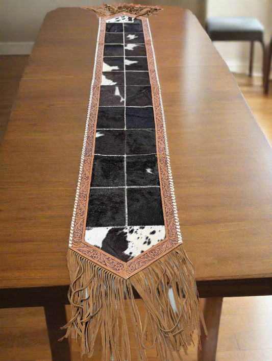 Genuine Cowhide Table Runner – Western Elegance with Leather Detail