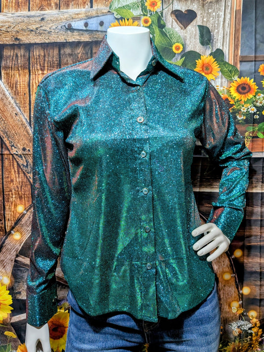 Green Sparkly Western Show Shirt – Eye-Catching Elegance for the Arena