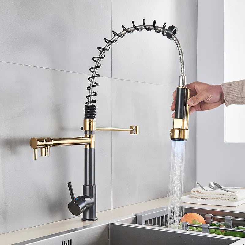 DecorBites™ LED Light Rose Gold Kitchen Faucet with Pull Down Spring Swivel Spout