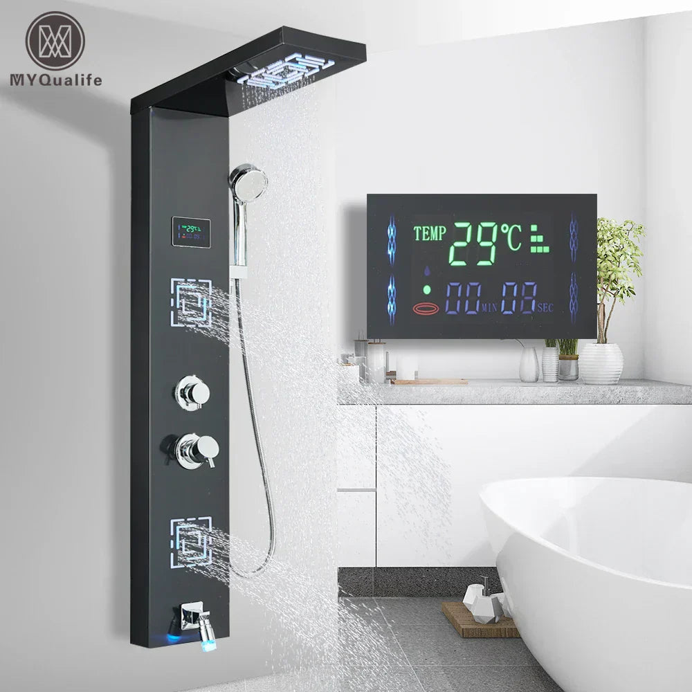 DecorBites™ LED Light Shower Faucet System: Rainfall, Massage Jets, Waterfall Panel with Temperature Control