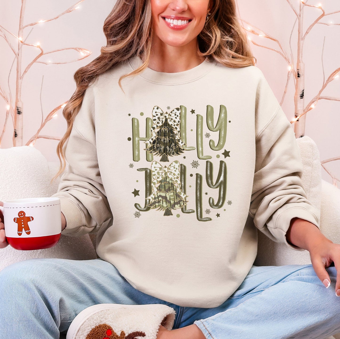 Holly Jolly, Camo Christmas Tree, Santa, Dalmatian Print, Ribbons, Bows Sweatshirt