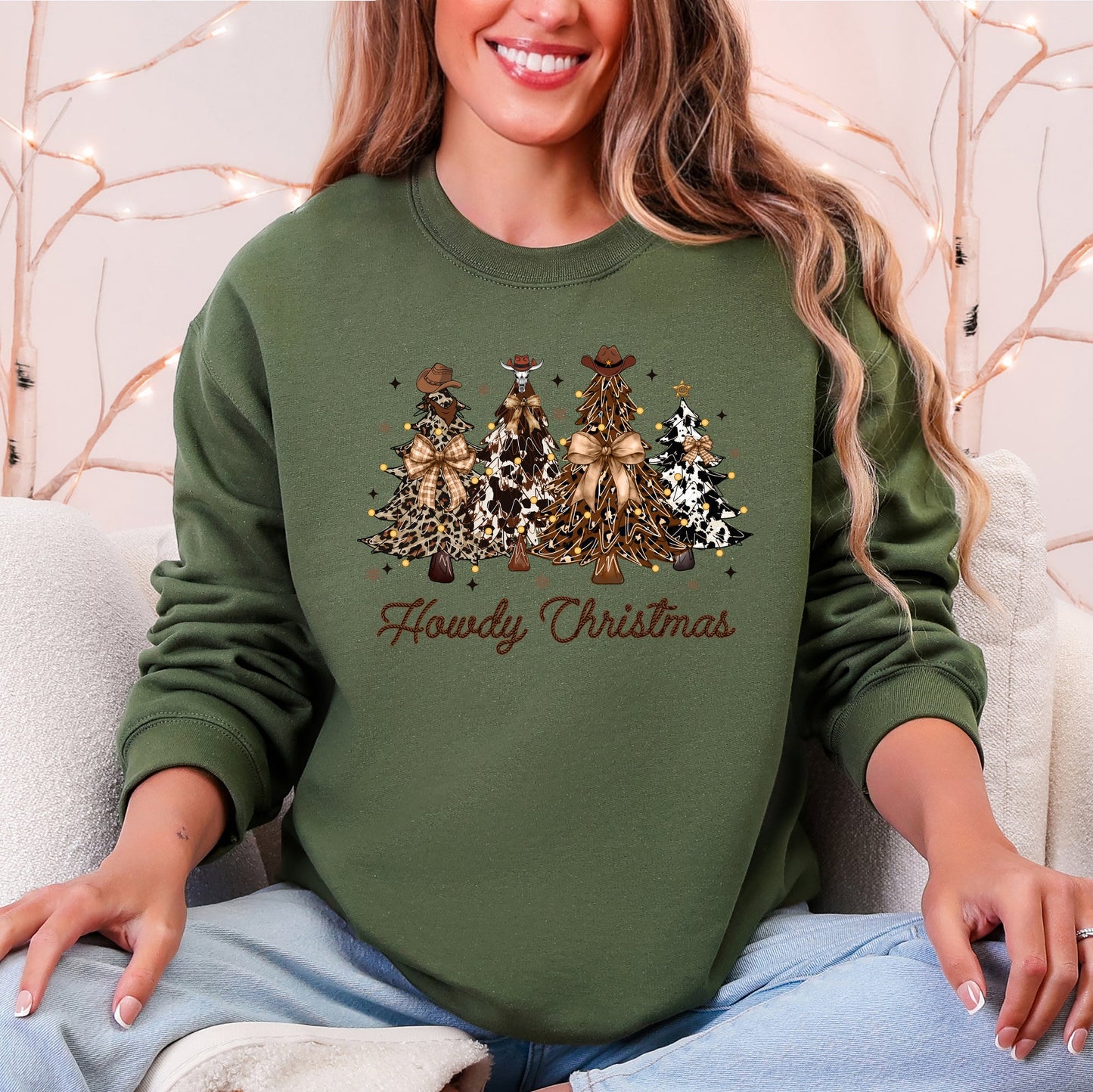 Howdy Christmas, Western, Country, Santa, Christmas Trees Sweatshirt
