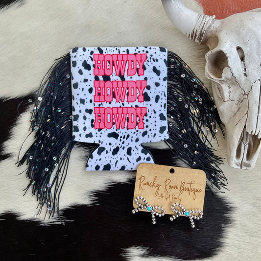 Howdy Cow Print Fringe Koozie