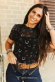 Lucky & Blessed Black Horseshoe Print Short Sleeve Mesh Top Plus Size