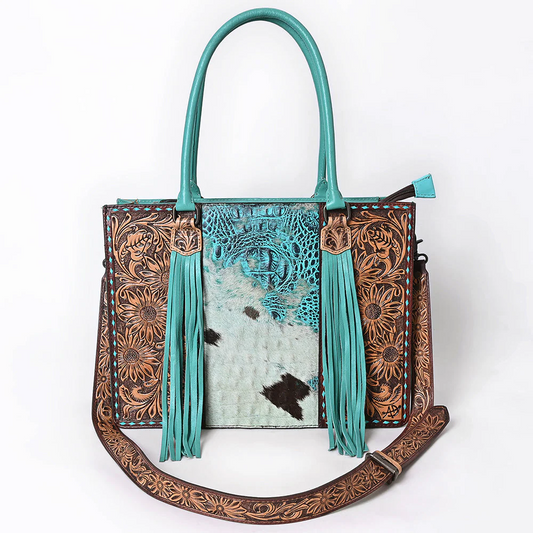 Turquoise Cowhide & Tooled Leather Tote Bag