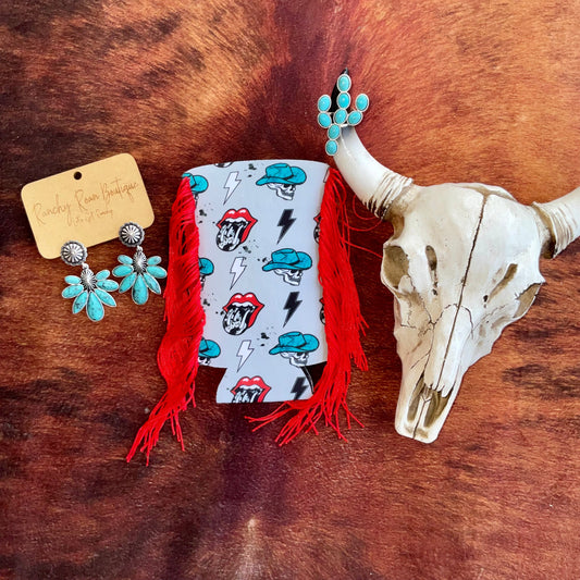Distressed Turquoises Cowboy Skelly Fringe Slim Koozie