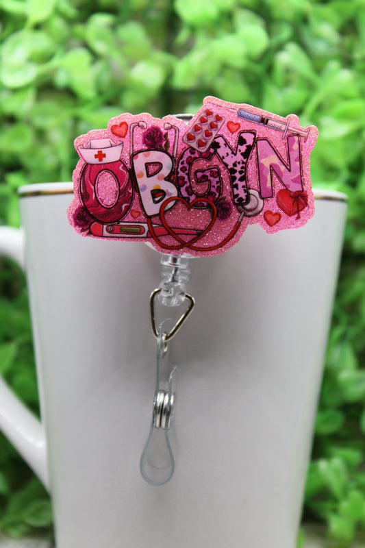 OBGYN Pink Glitter • Badge/ID Holder with Alligator Clip