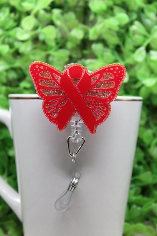 Pink Ribbon Butterfly Breast Cancer Awareness Badge/ID Holder Reel