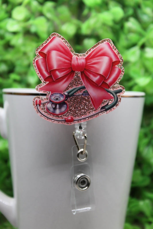 Pink Bow and Stethoscope on Glitter Badge/ID Holder Reel